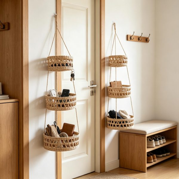 Three-tier hanging woven basket hung near front door storing keys, phone, gloves and small daily items