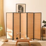Close-up of the hand-woven bamboo panel and pine frame on a folding room divider
